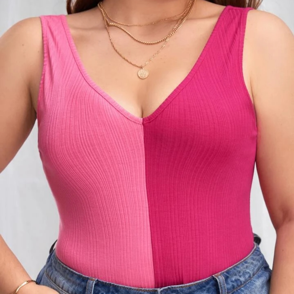 SHEIN VCAY Plus Pink Colorblock Ribbed Knit Tank Top Size 3XL
